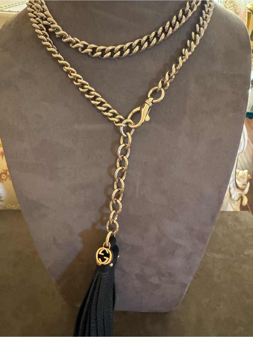Authentic Gucci Black Leather Tassel Chain Belt With Interlocking GG Charm